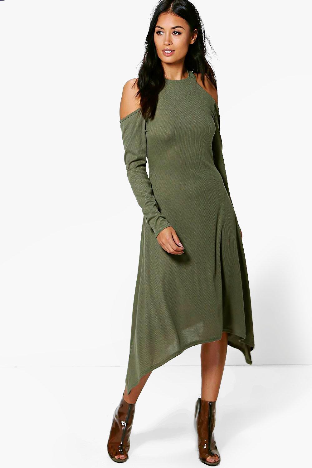cold shoulder asymmetric ruched midaxi dress
