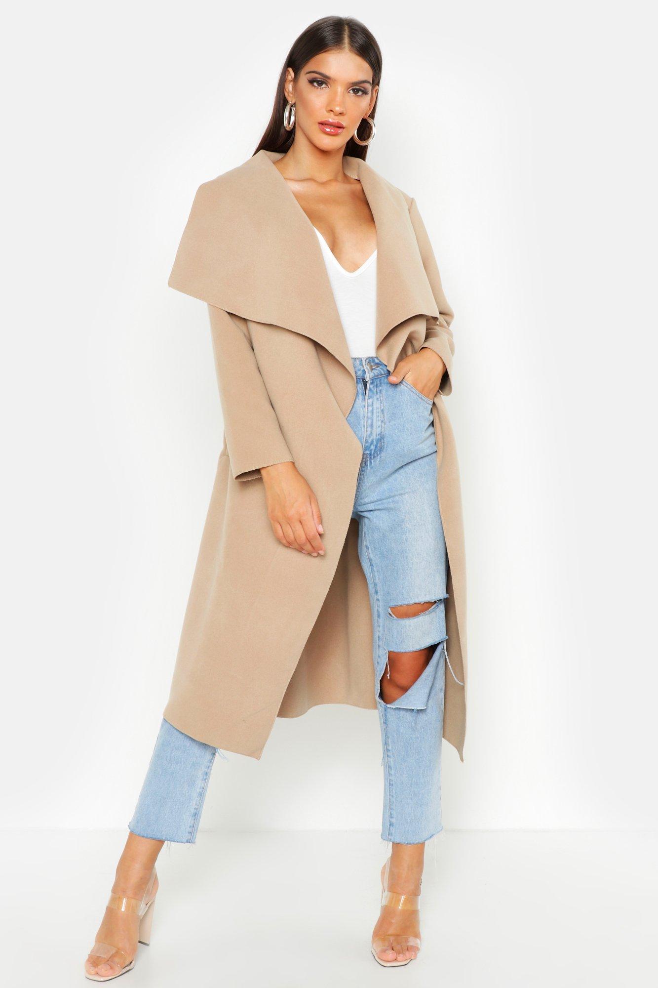 Boohoo Womens Belted Waterfall Coat in Beige (Natural) - Lyst