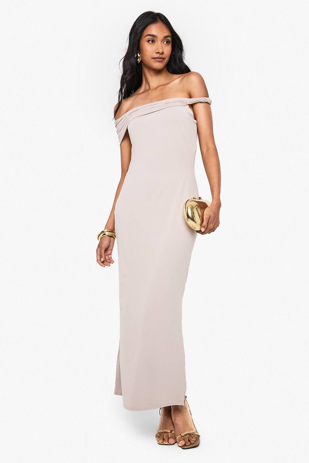 boohoo ruched twist detail maxi dress Chocolate Ruched Twist Detail Racer Neck Maxi Dress