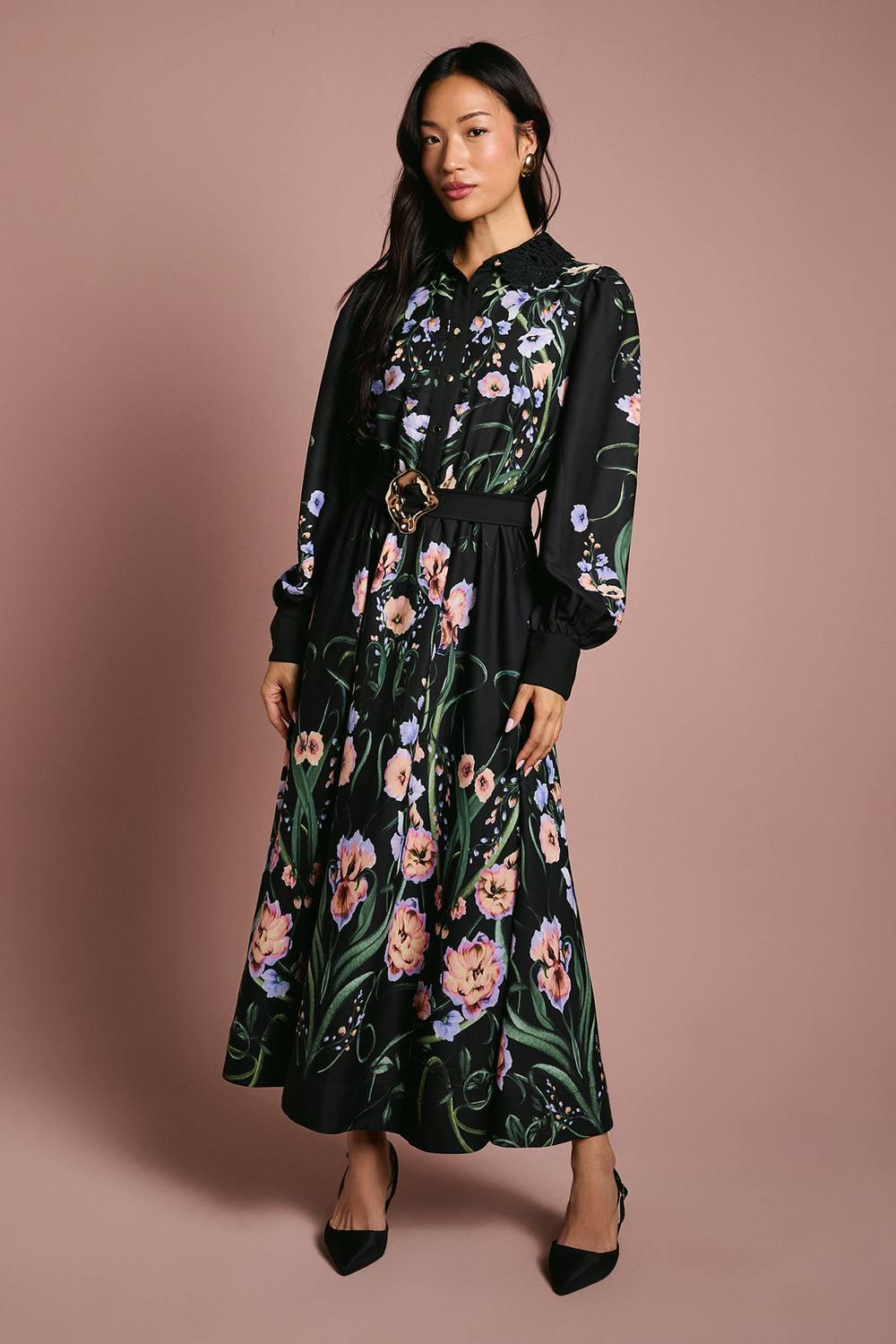 Coast Long Sleeve Placement Print Shirt Dress With Lace Trims in Black | Lyst Coast Long Sleeve Placement Print Shirt Dress With Lace Trims in Black | Lyst