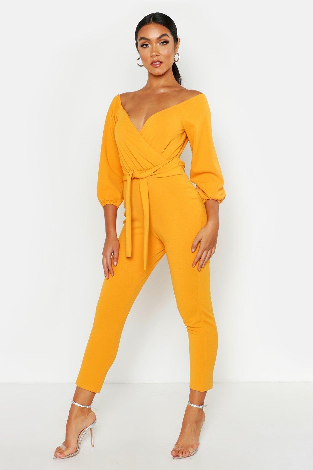 Boohoo Off The Shoulder Tapered Leg Jumpsuit in Yellow Lyst