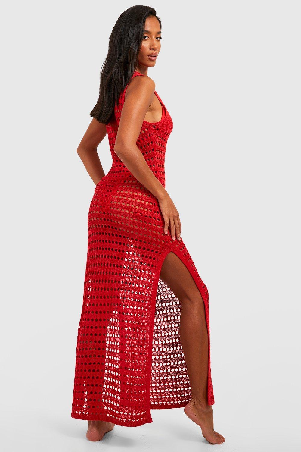 Petite Recycled Crochet Maxi Beach Dress in Red | Lyst