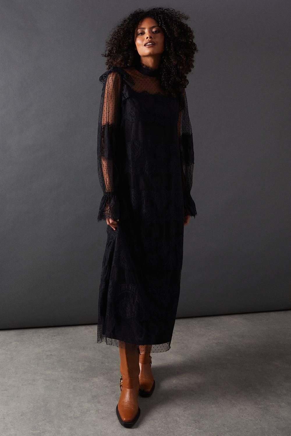 Warehouse Lace Dobby Ruffle Neck Midi Smock Dress in Black | Lyst Warehouse Lace Dobby Ruffle Neck Midi Smock Dress in Black | Lyst