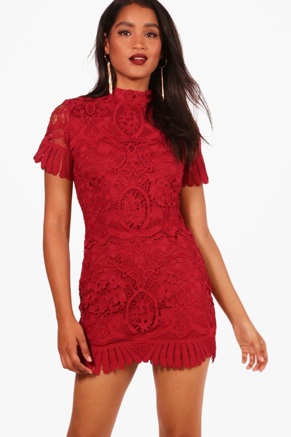 boutique lace racer neck bodycon dress