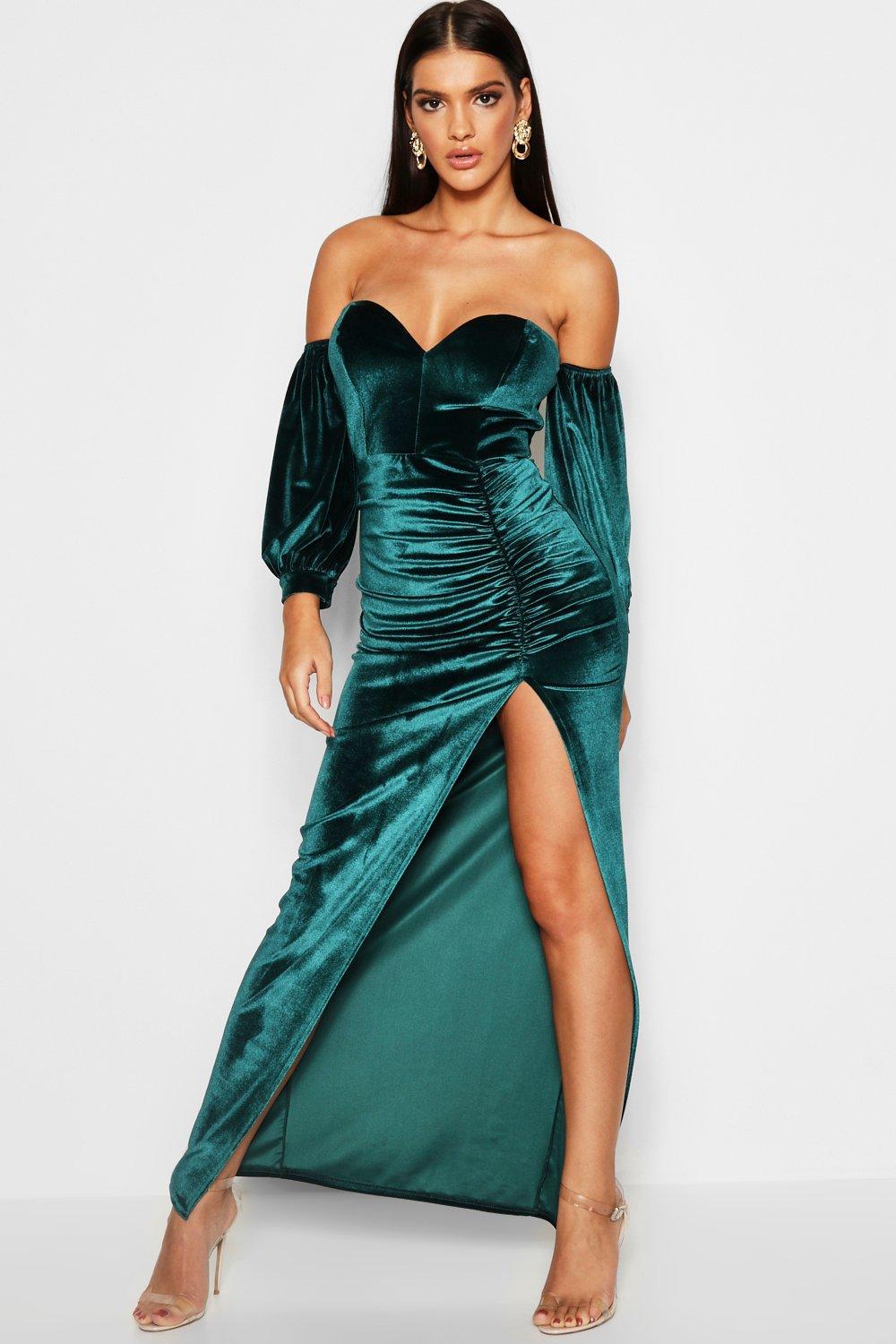 boohoo off the shoulder maxi dress