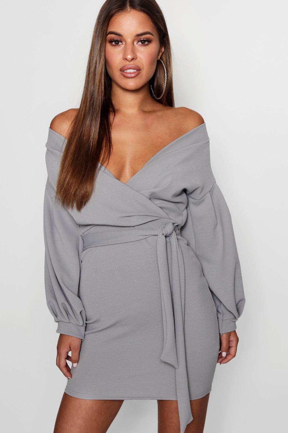 off the shoulder wrap bodycon dress