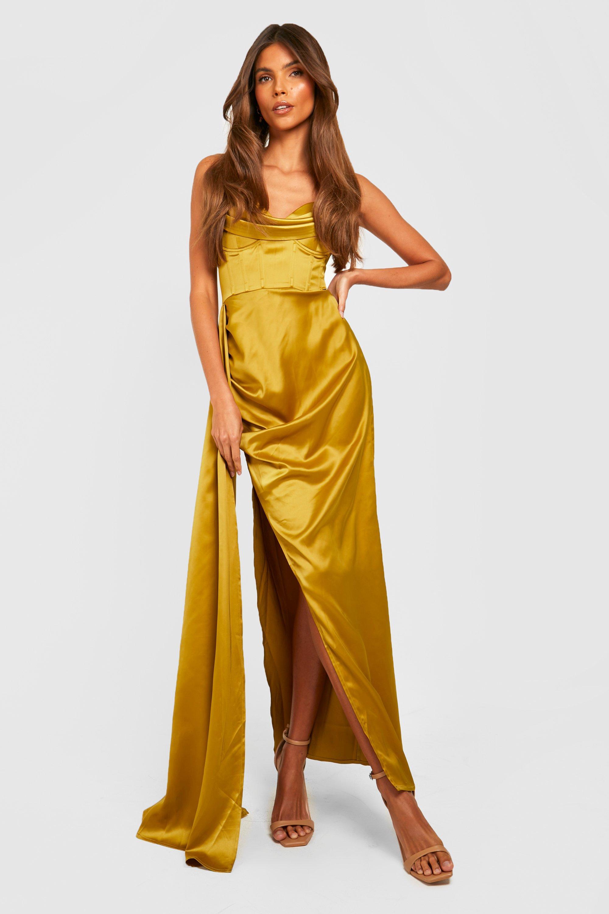 Boohoo Satin Corset Off Shoulder Maxi Dress in Yellow Lyst