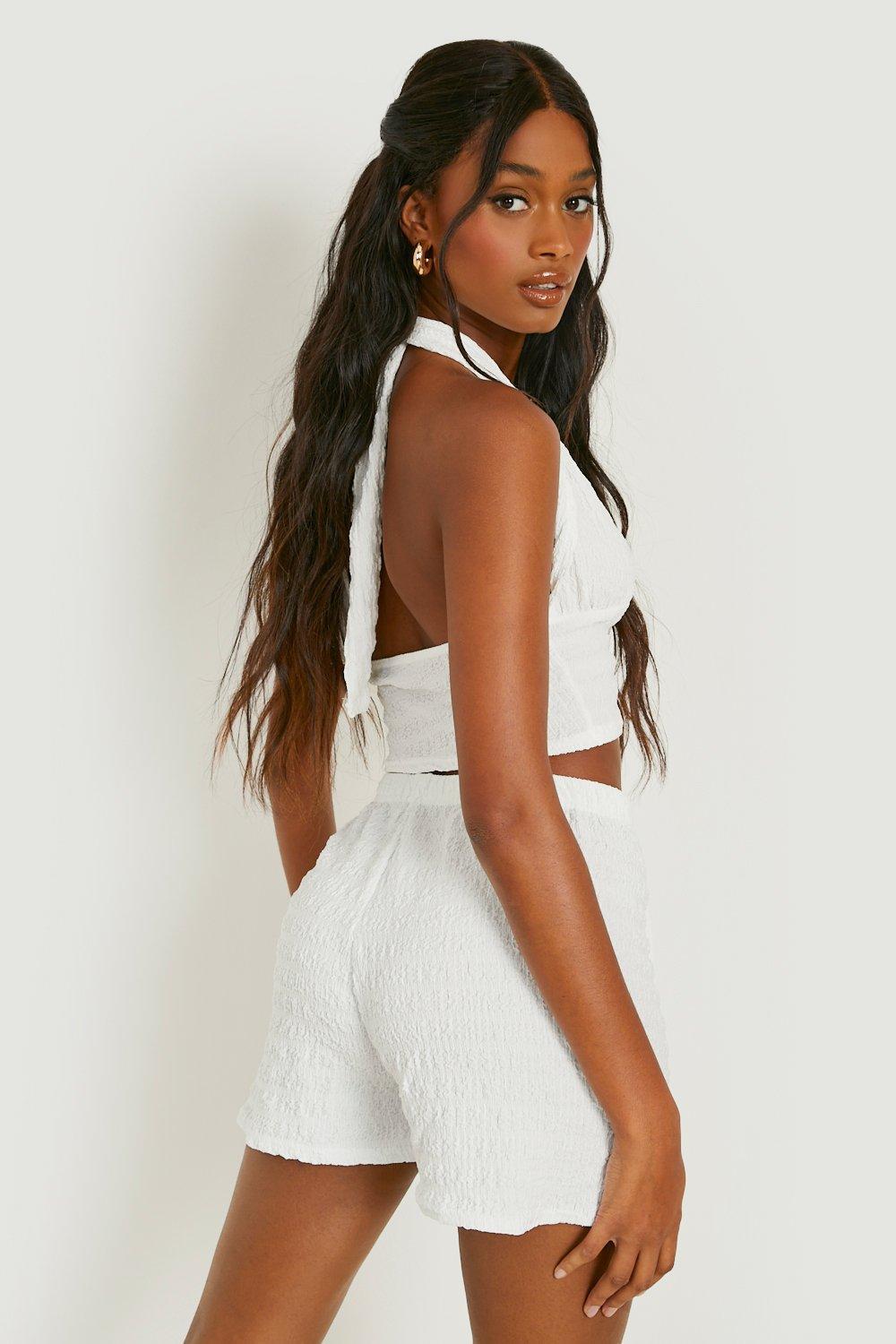Boohoo Waffle Halter Neck Tie Crop Top u0026 Shorts in White | Lyst