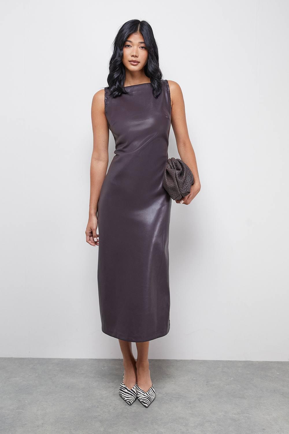 warehouse leather dress Warehouse Women's Metallic Faux Reptile Leather T-Shirt Mini Dress in Chocolate