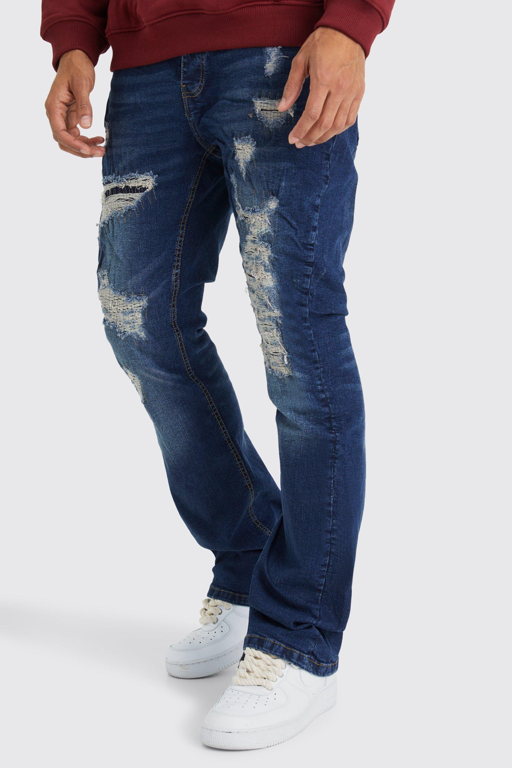 BoohooMAN Slim Flare Rigid Repaired Rip Jean in Blue for Men | Lyst