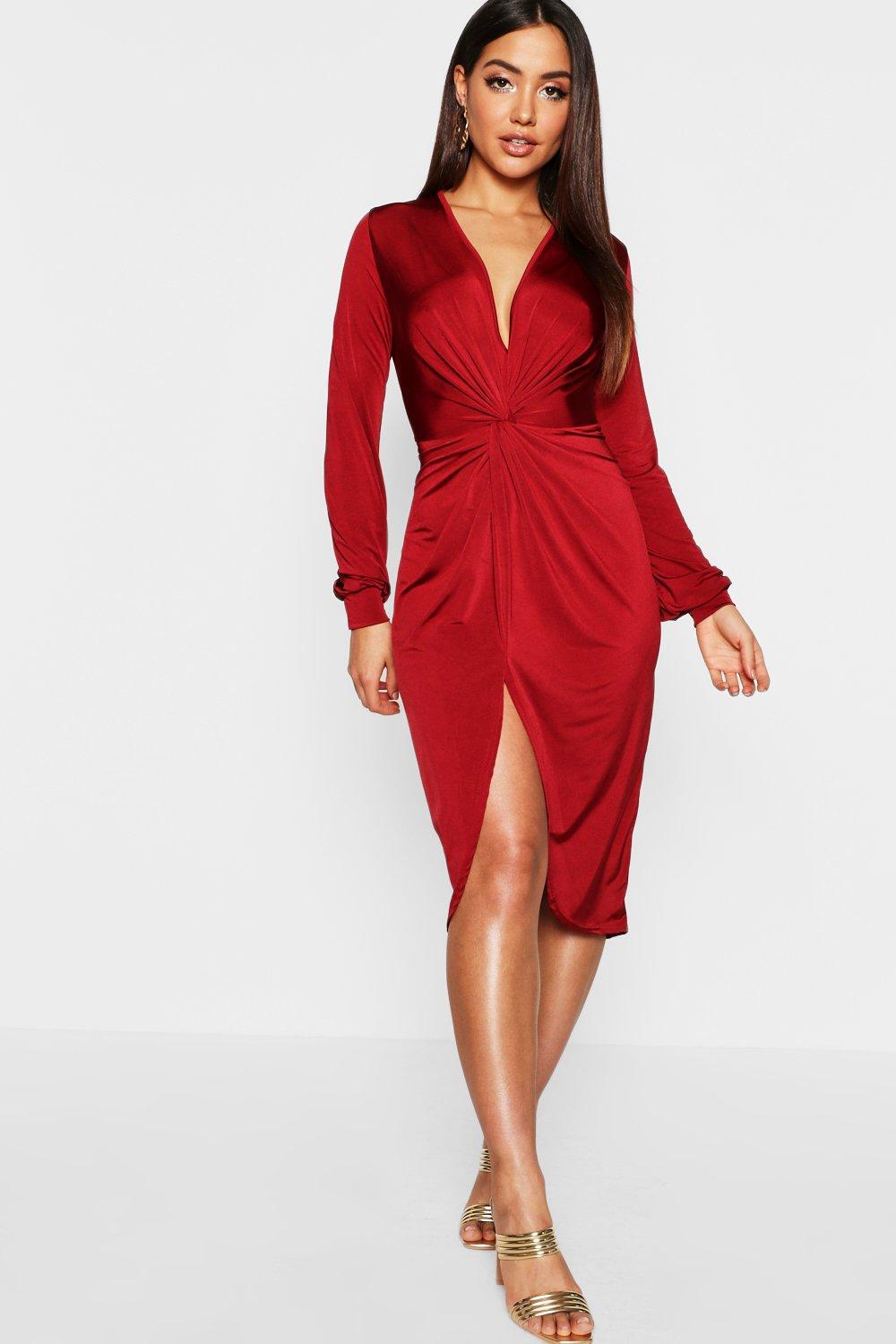 Lyst Boohoo Disco Slinky Twist Front Wrap Dress in Red