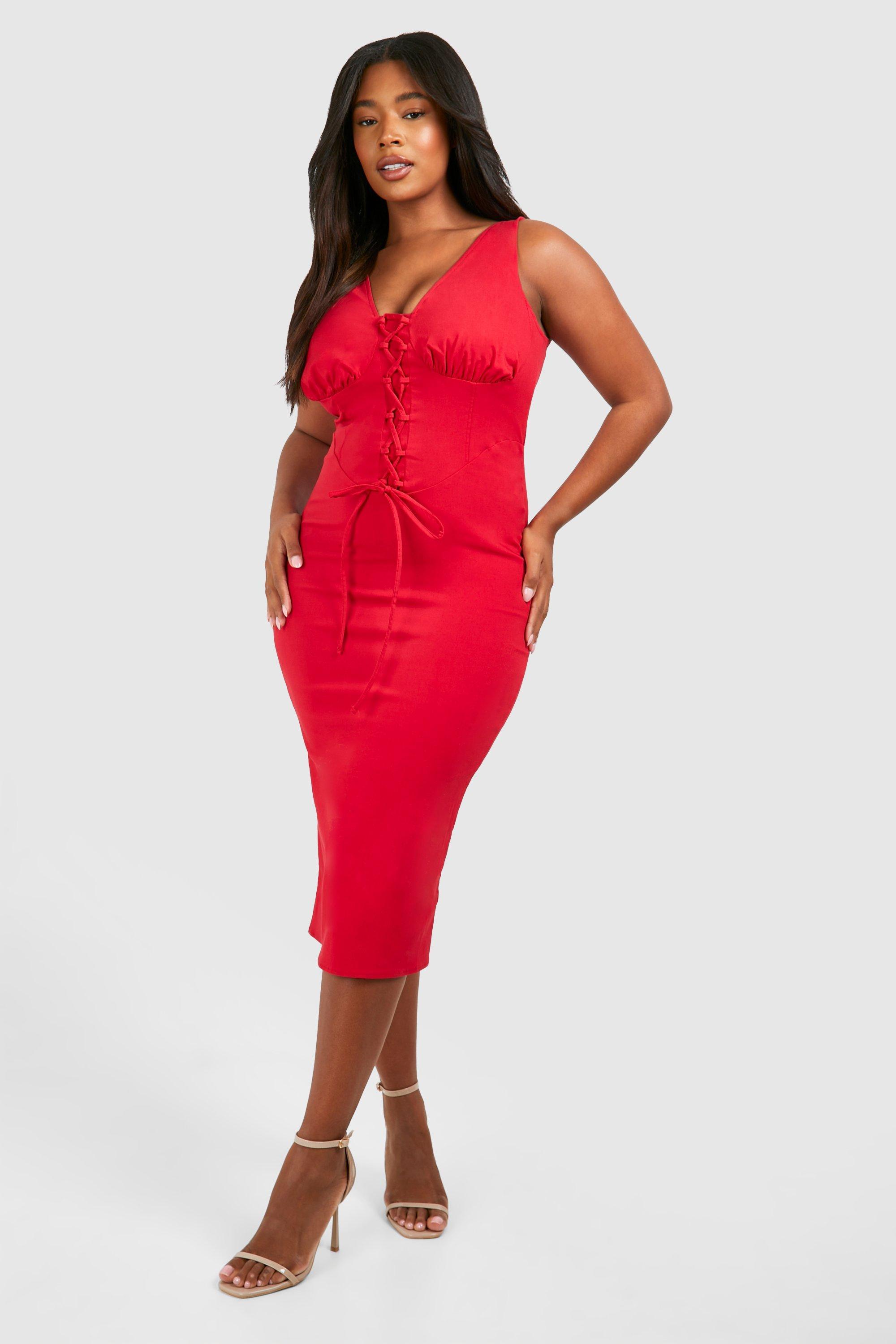 Boohoo Plus Bengaline Milkmaid Corset Midi Dress in Red Lyst Canada