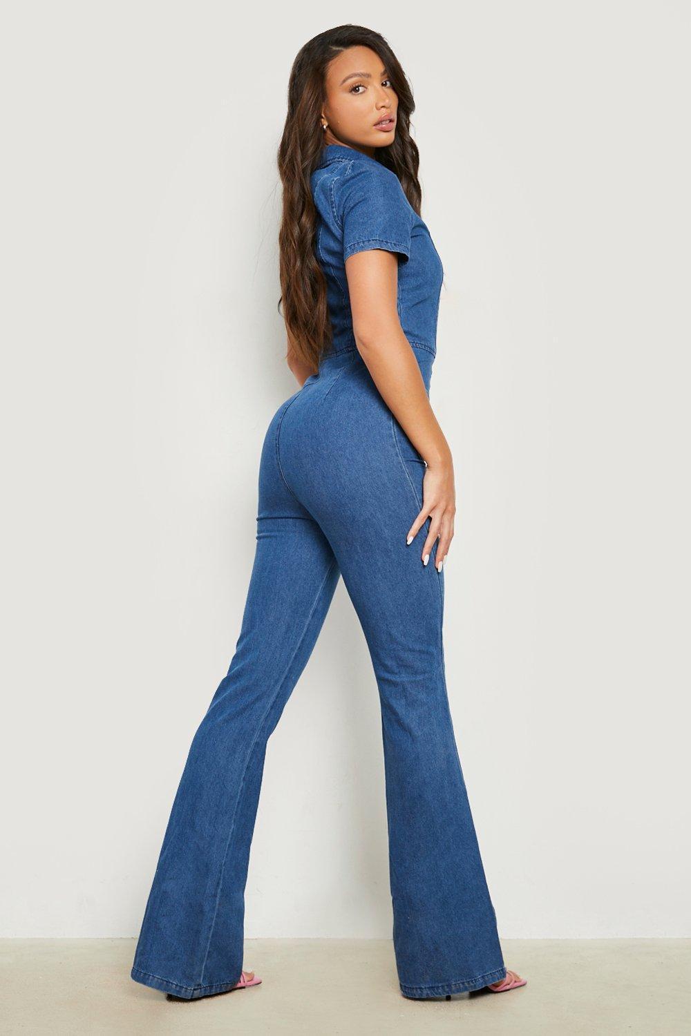 Boohoo Tall Denim Zip Front Flared Boiler Suit in Blue | Lyst