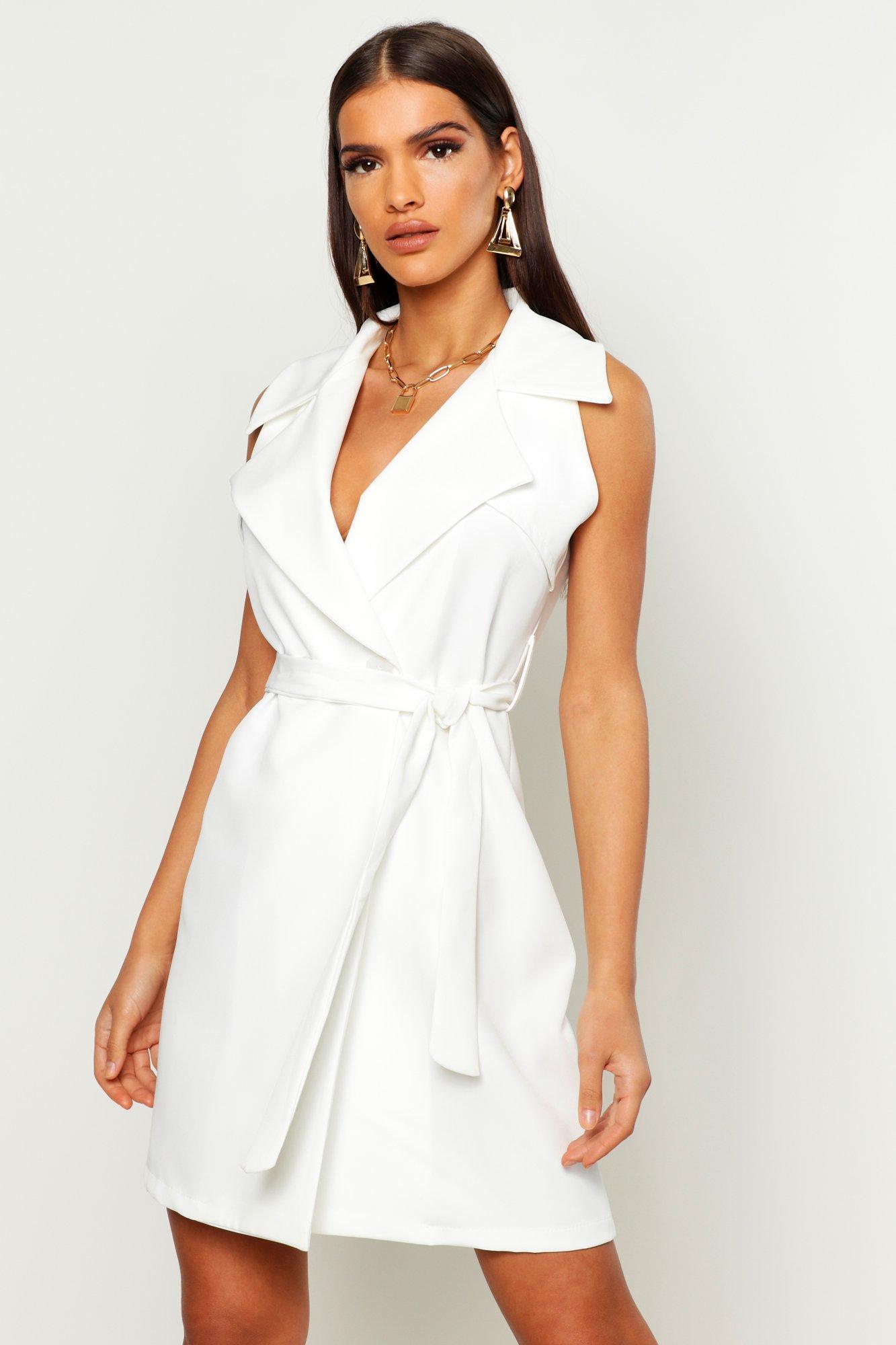 Boohoo Womens Wrap Detail Belted Sleeveless Blazer Dress - White - 10 ...