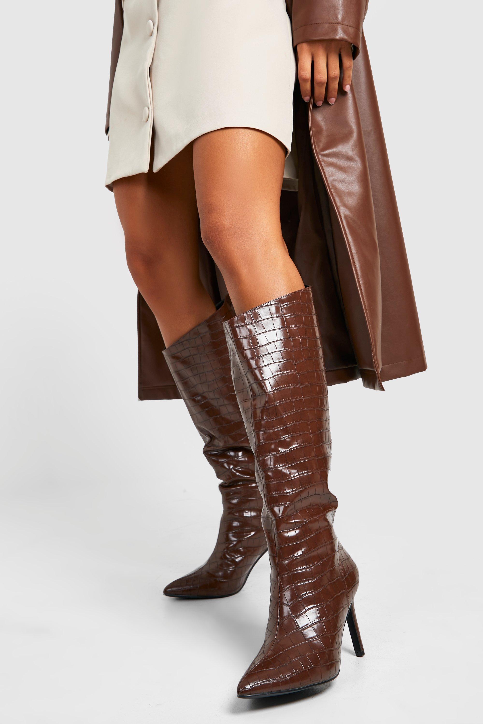 Boohoo Croc Asymmetric Pointed Toe Knee High Boots in Brown | Lyst