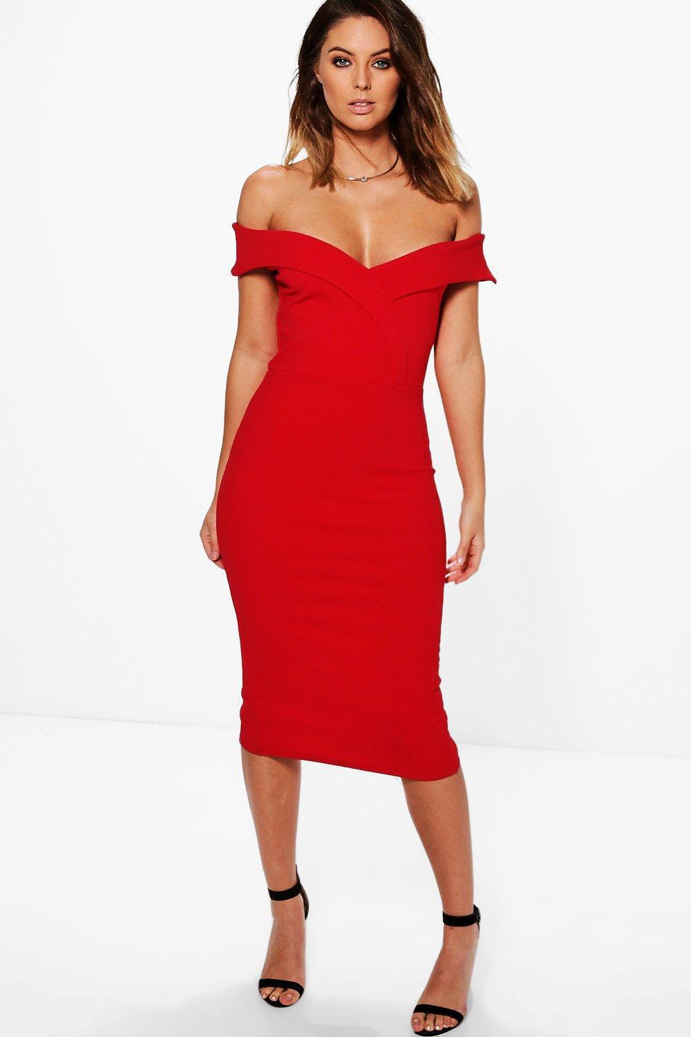 red off shoulder midi dress