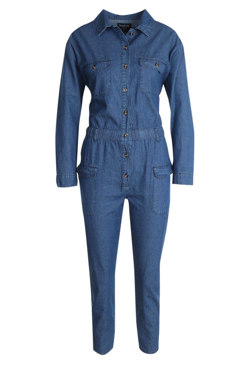 Boohoo Petite Denim Boiler Suit in Blue - Lyst