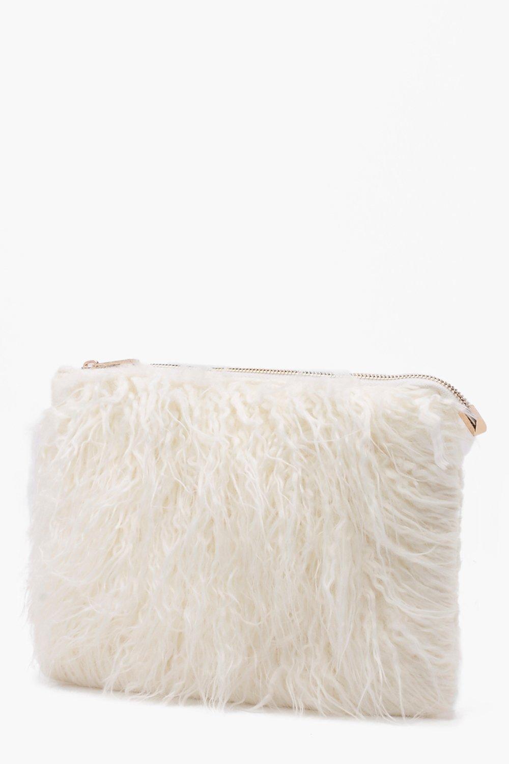 white fur clutch bag
