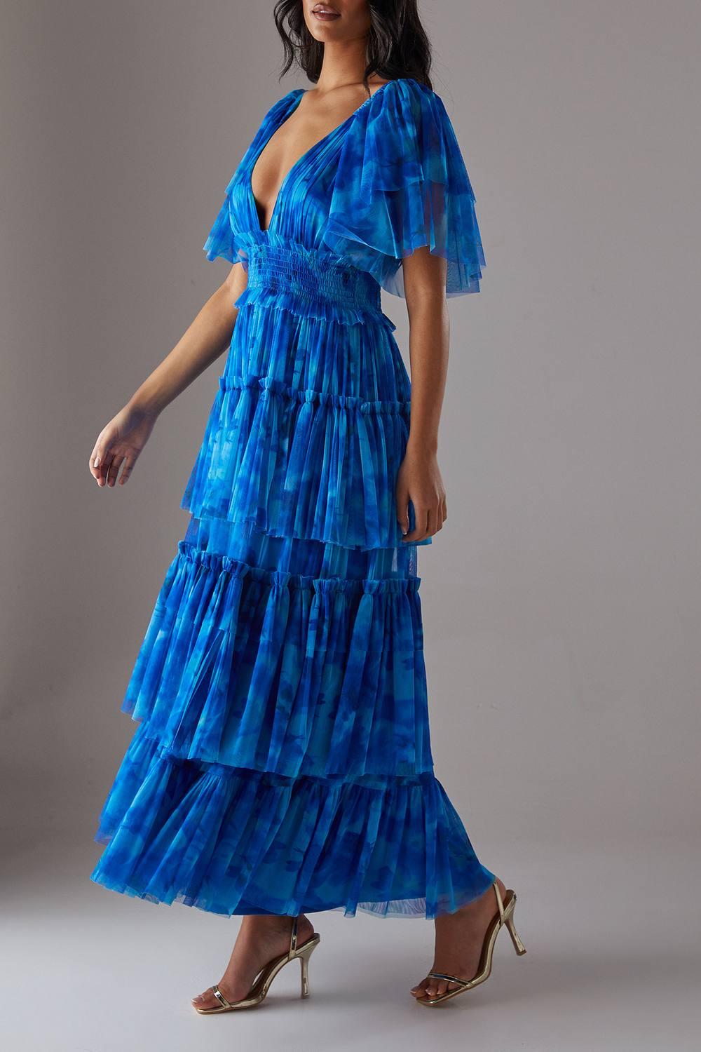 Warehouse Tulle Floral Plunge Neck Flutter Sleeve Tier Maxi Dress in Blue |  Lyst