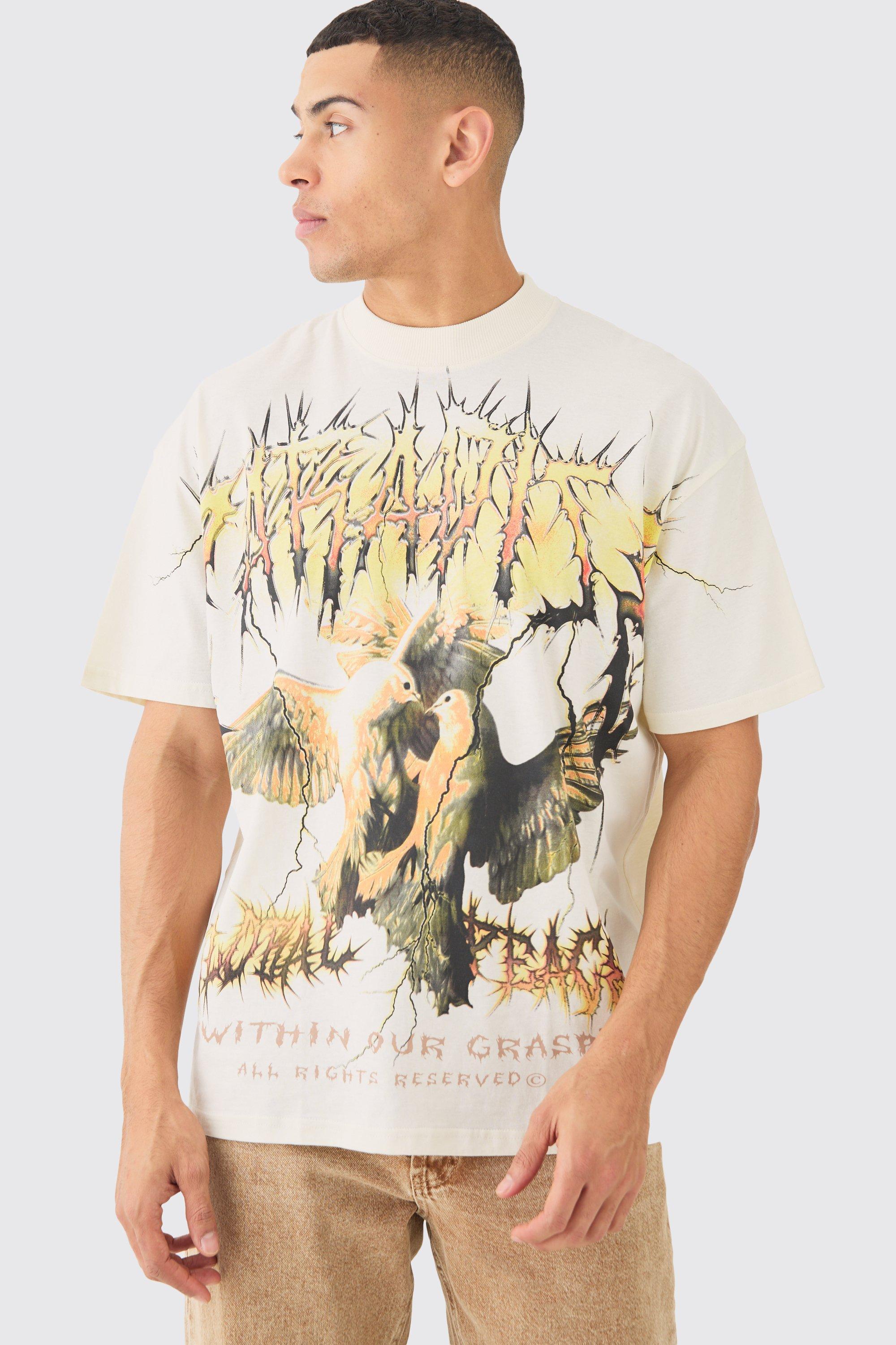 BoohooMAN Oversized Over Seam Dove Graphic T-shirt in Natural for