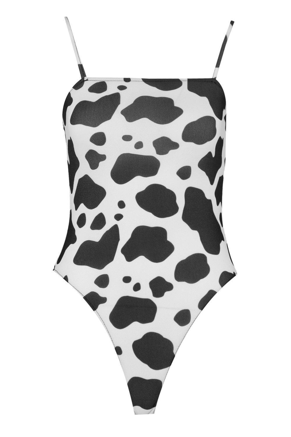 Boohoo Cow Print Square Neck Bodysuit in White - Lyst