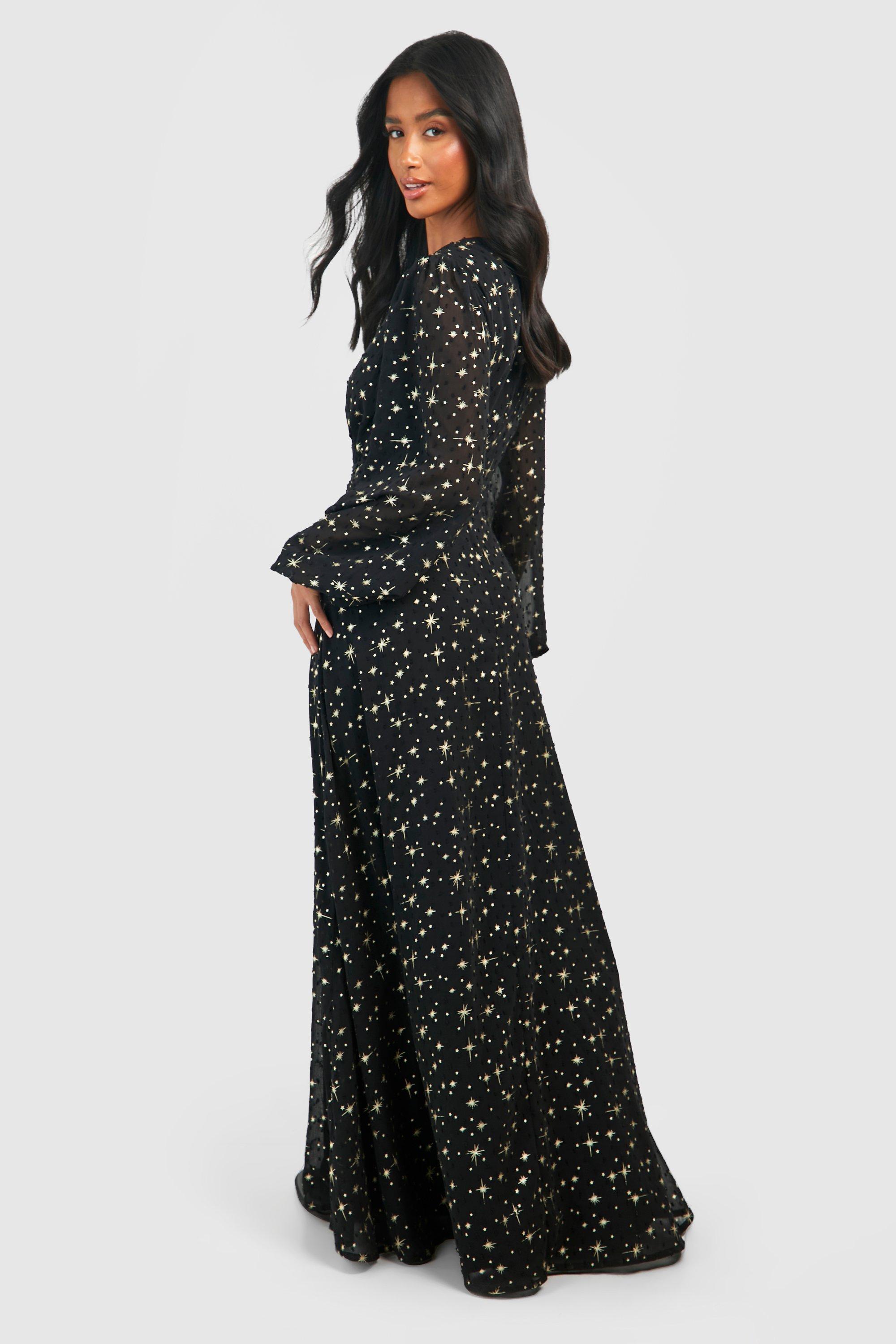 Boohoo Petite Metallic Star Volume Sleeve Maxi Dress in Black | Lyst