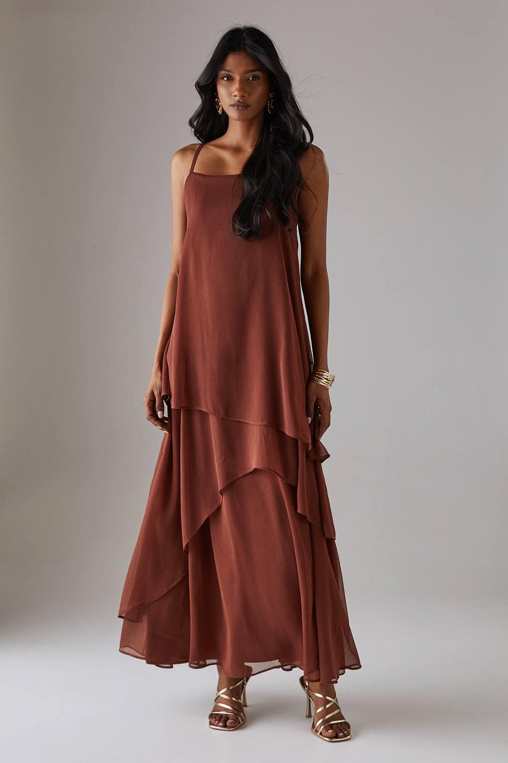 Warehouse Chiffon Strappy Asymmetric Maxi Dress in Blue