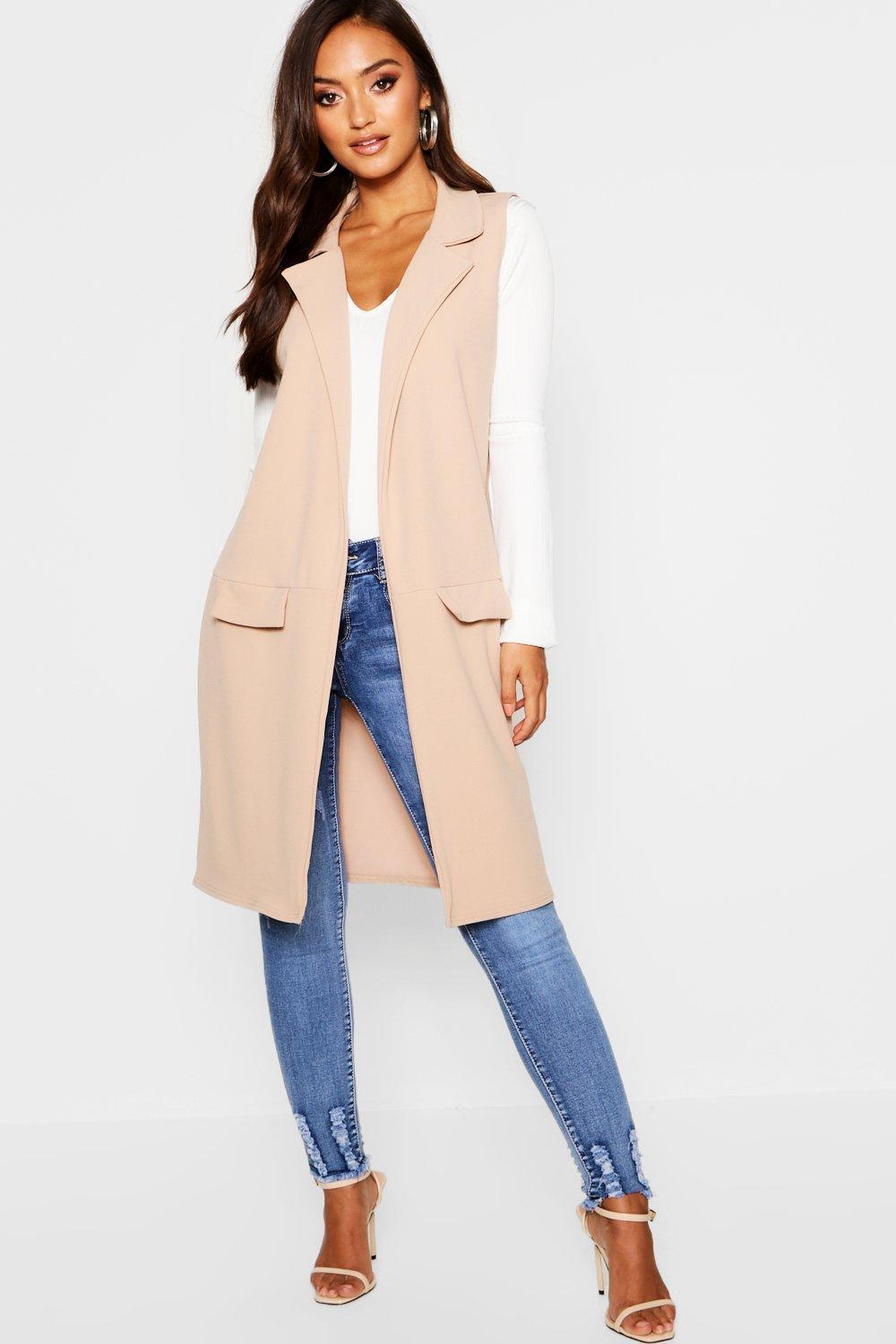 Boohoo Petite Sleeveless Pocket Detail Longline Duster | Lyst