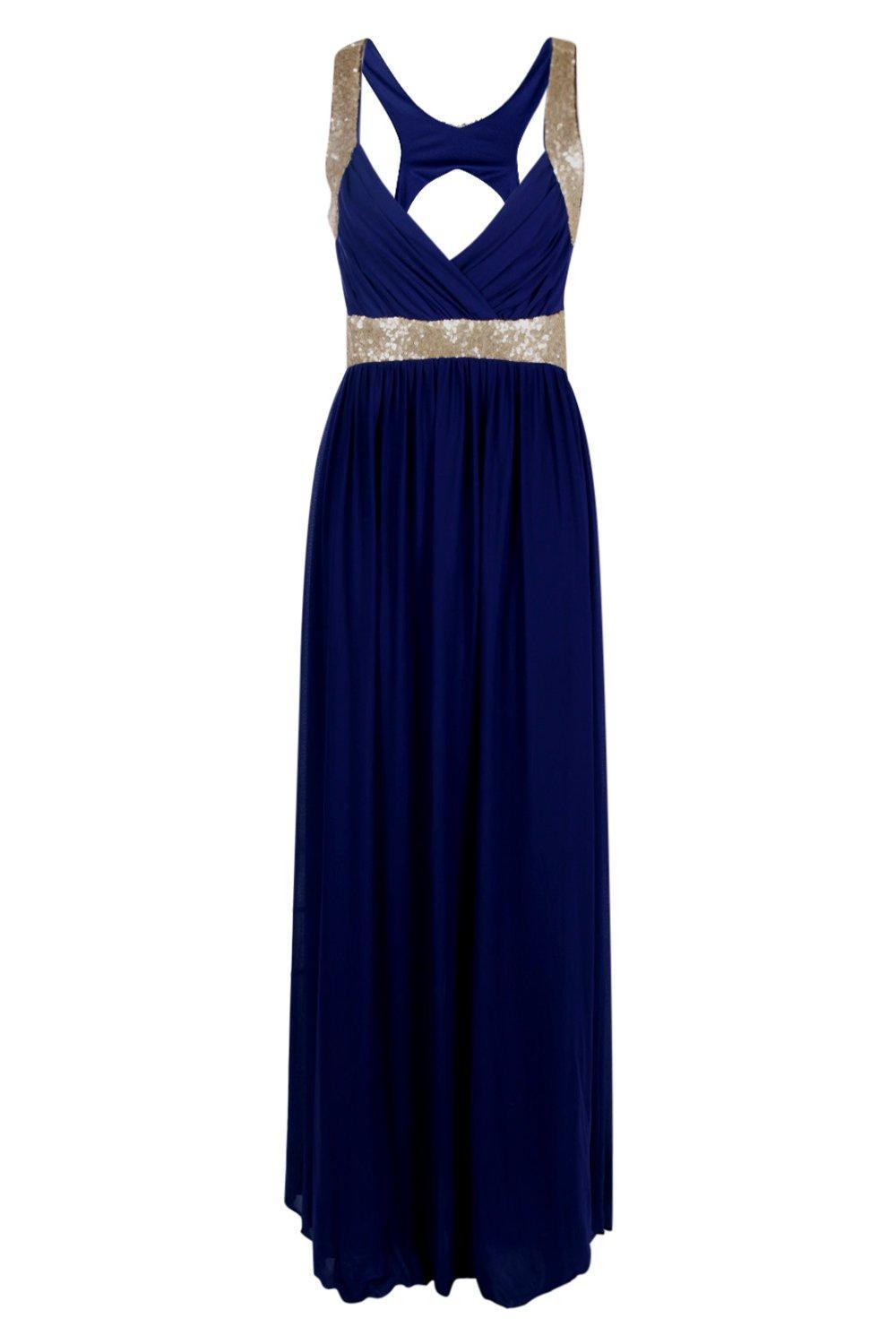 Boohoo Chiffon Boutique Sequin Panel Maxi Bridesmaid Dress in Navy ...