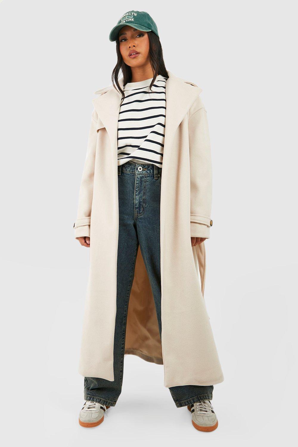 Boohoo Petite Wool Look Oversized Trench Coat in Natural | Lyst UK