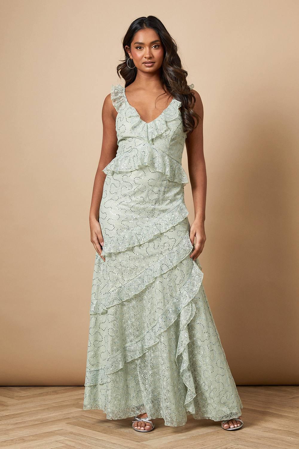 Oasis Sequin Lace Ruffle Detail Midaxi Dress in Green