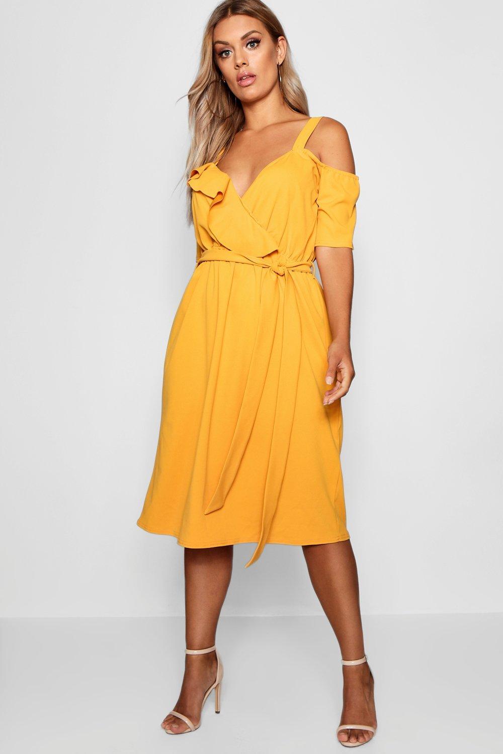 plus plunge ruffle belt midi dress