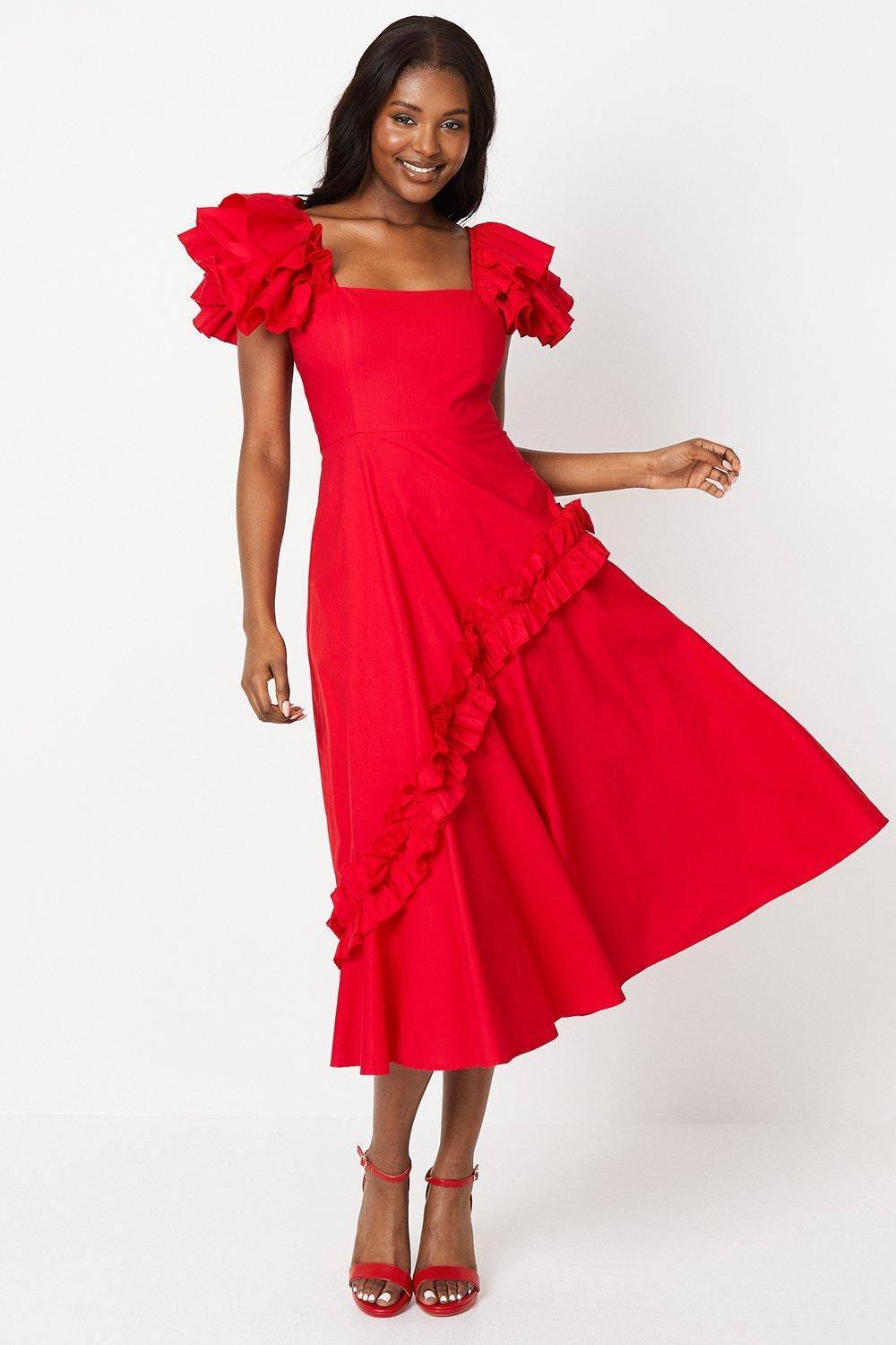 Coast Frill Sleeve Ruffle Skirt Cotton Midi Dress in Red | Lyst