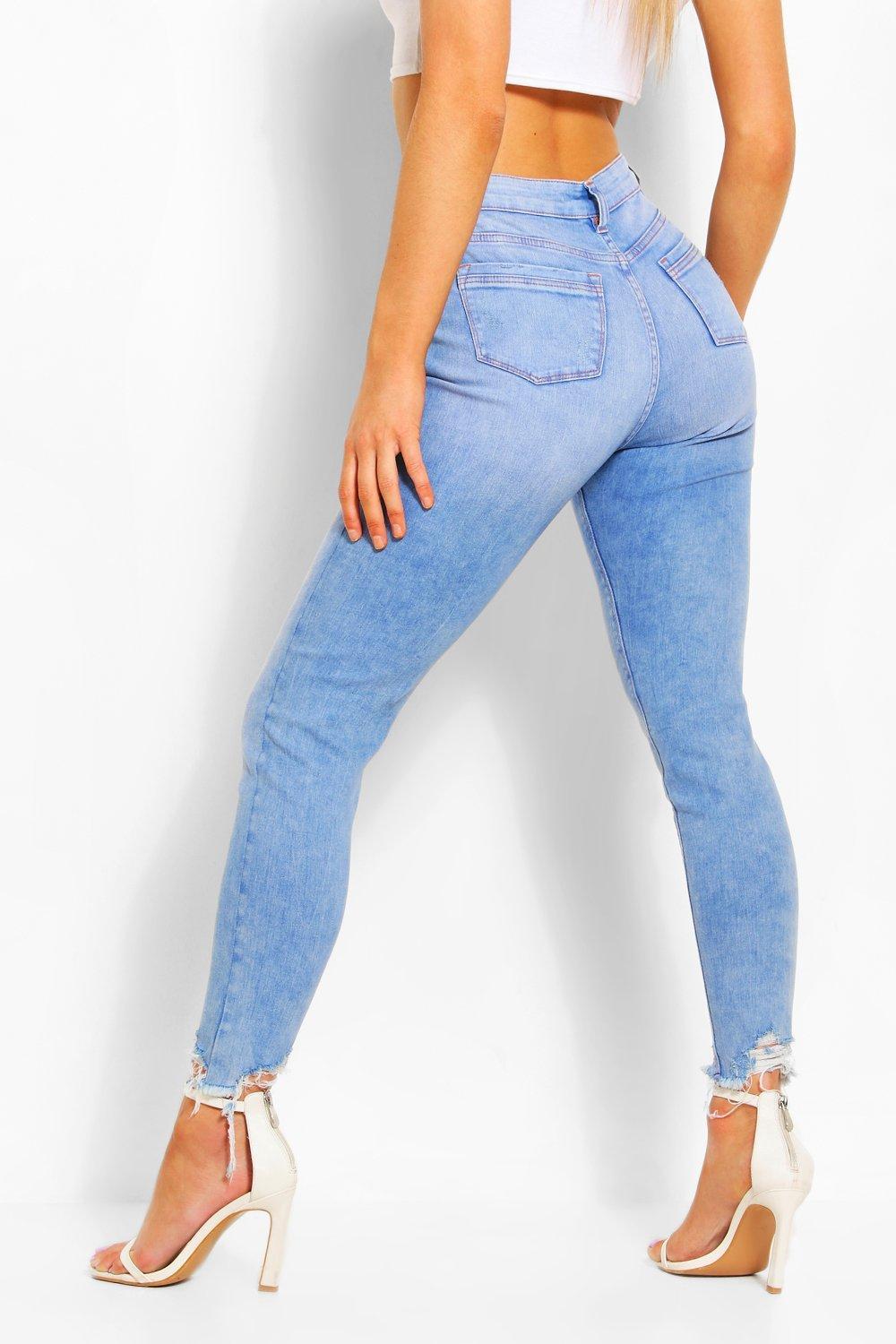 Boohoo Denim High Waist Frayed Hem Stretch Skinny Jean in Blue - Lyst