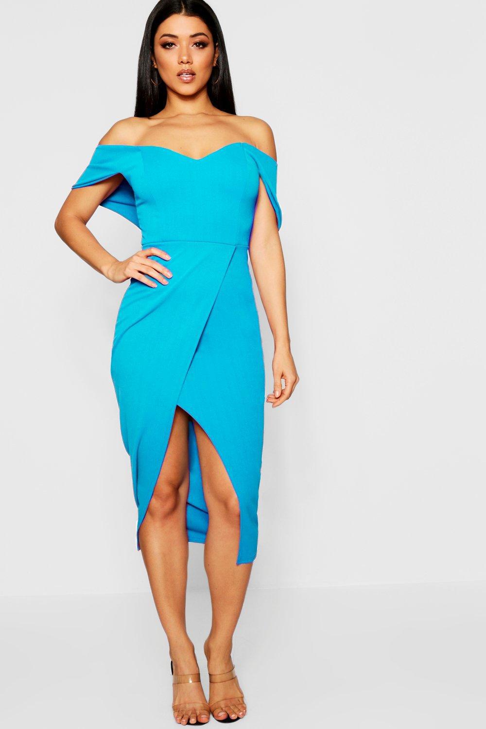 Lyst - Boohoo Off Shoulder Wrap Skirt Midi Dress in Blue