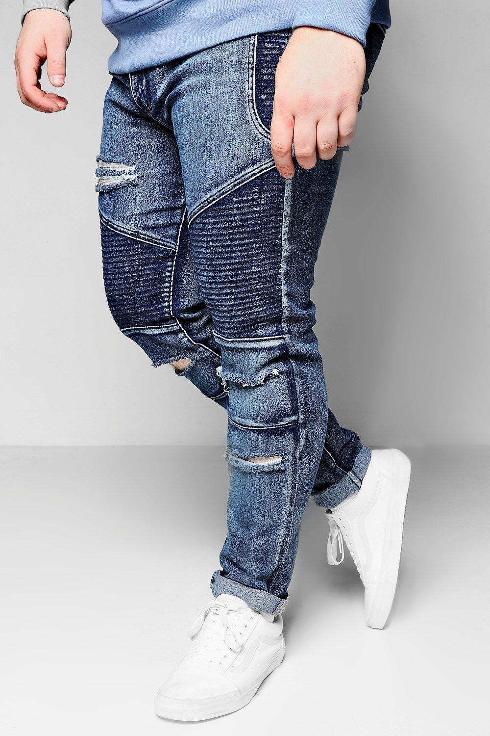 Blue Skinny Fit Ripped Biker Jeans 