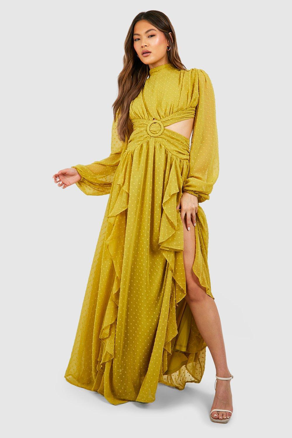 Petite Paisley Mesh High Neck Ruffle Hem Maxi Dress