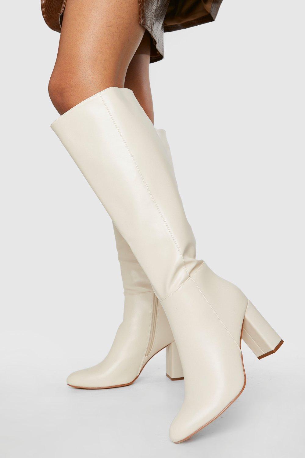 Boohoo Wide Width Block Heel Knee High Pull On Boots in Natural | Lyst