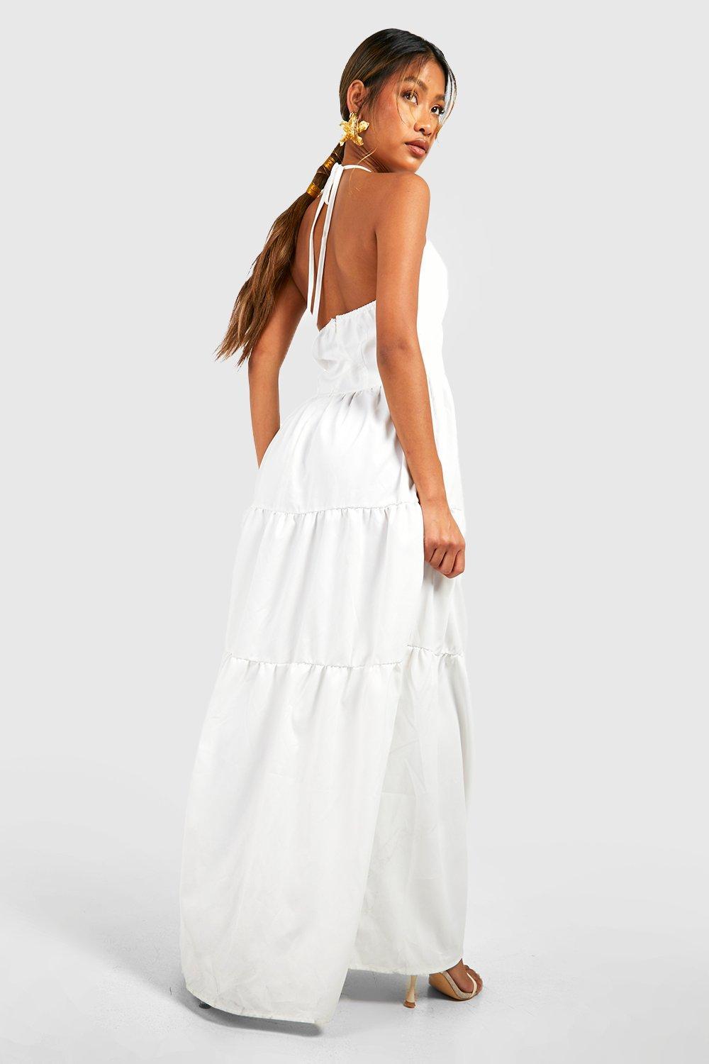 Boohoo Halter Neck Button Detail Tiered Maxi Dress in White | Lyst