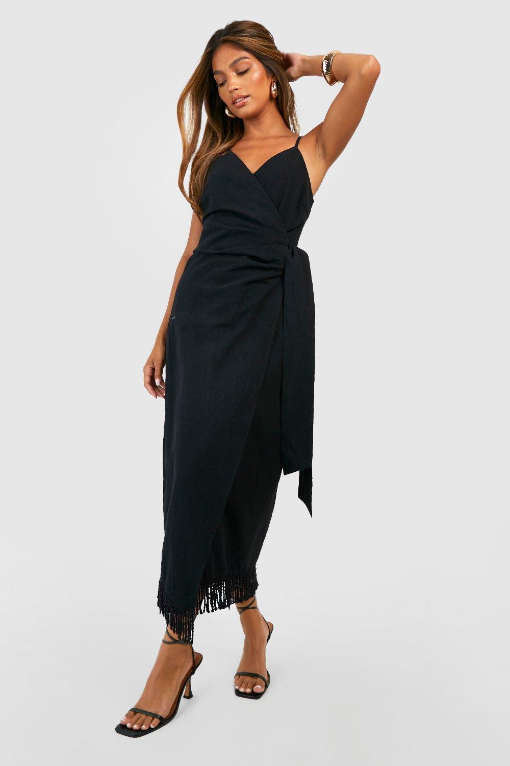Boohoo Tassel Linen Wrap Midi Dress in Black | Lyst Canada