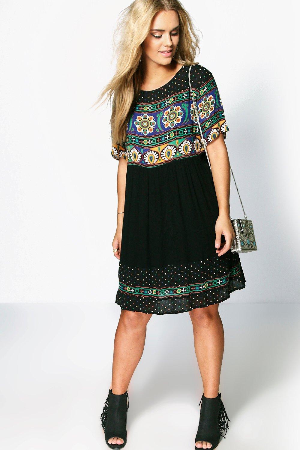 Boohoo Synthetic Plus Retro Print Smock Dress in Black Lyst