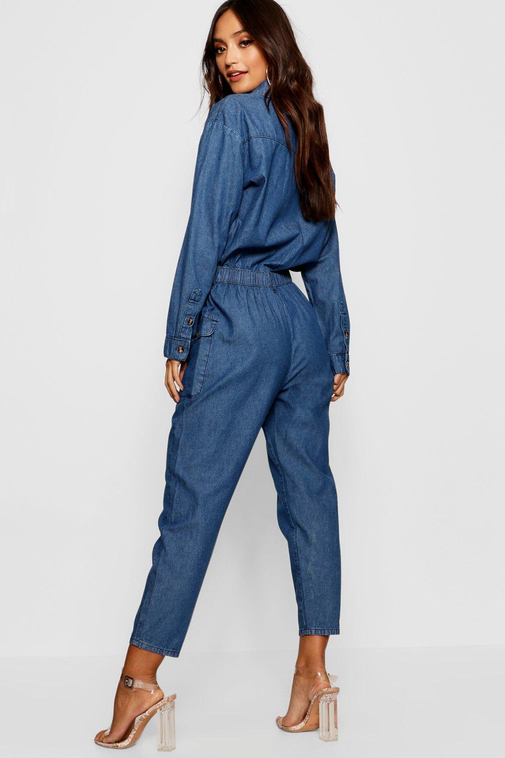 Boohoo Petite Denim Boiler Suit in Blue 