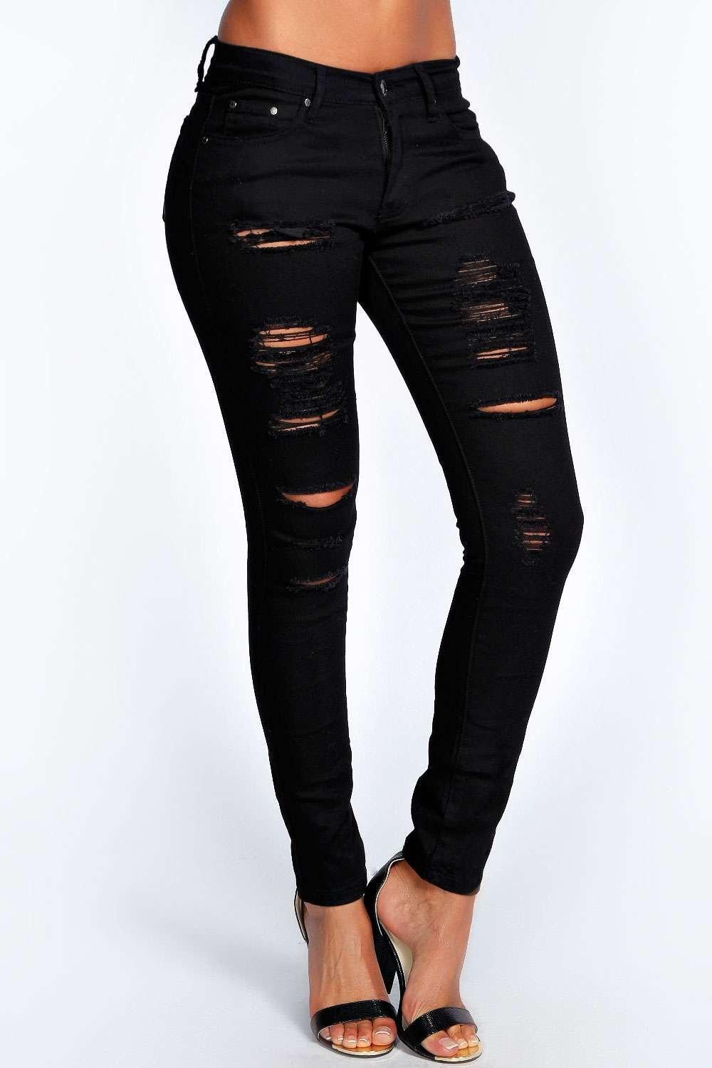 Boohoo Low Rise Heavy Ripped Skinny Jeans in Black - Lyst