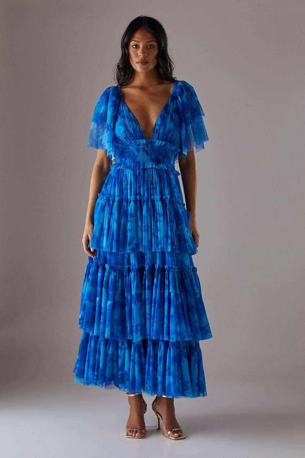 Warehouse Tulle Floral Plunge Neck Flutter Sleeve Tier Maxi Dress in Blue |  Lyst
