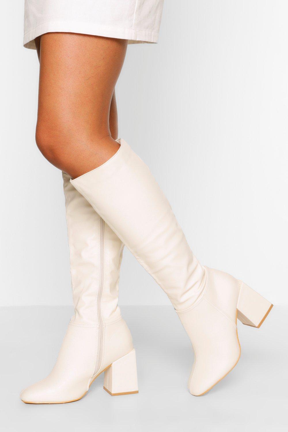 Boohoo Wide Fit Block Heel Knee High Boot in White | Lyst