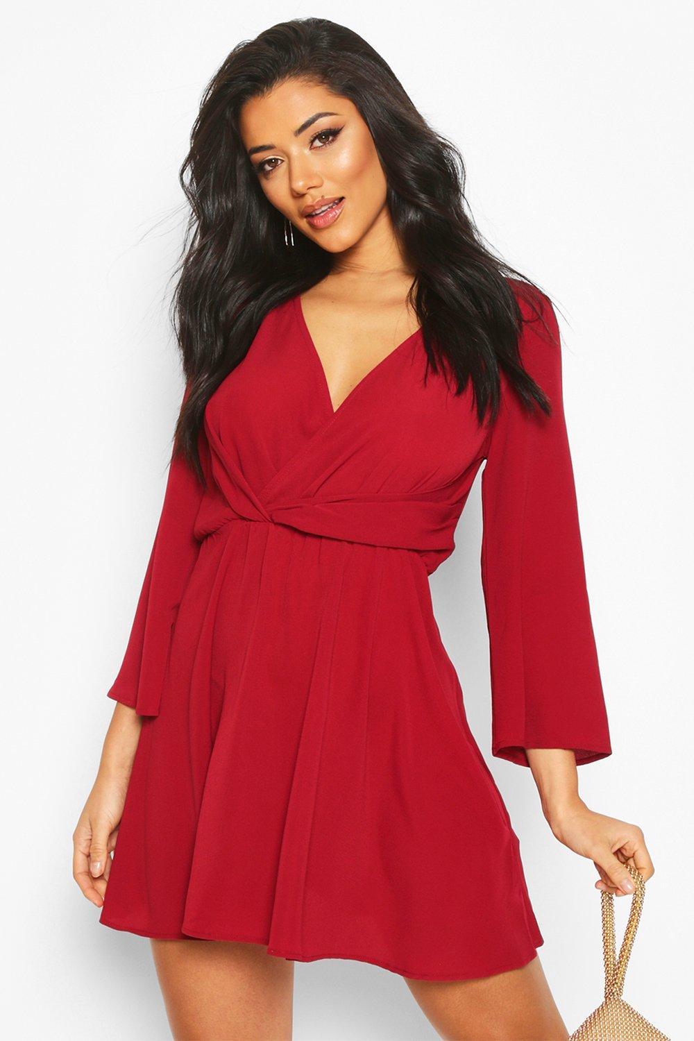 Boohoo Tie Detail Flared Sleeve Skater 