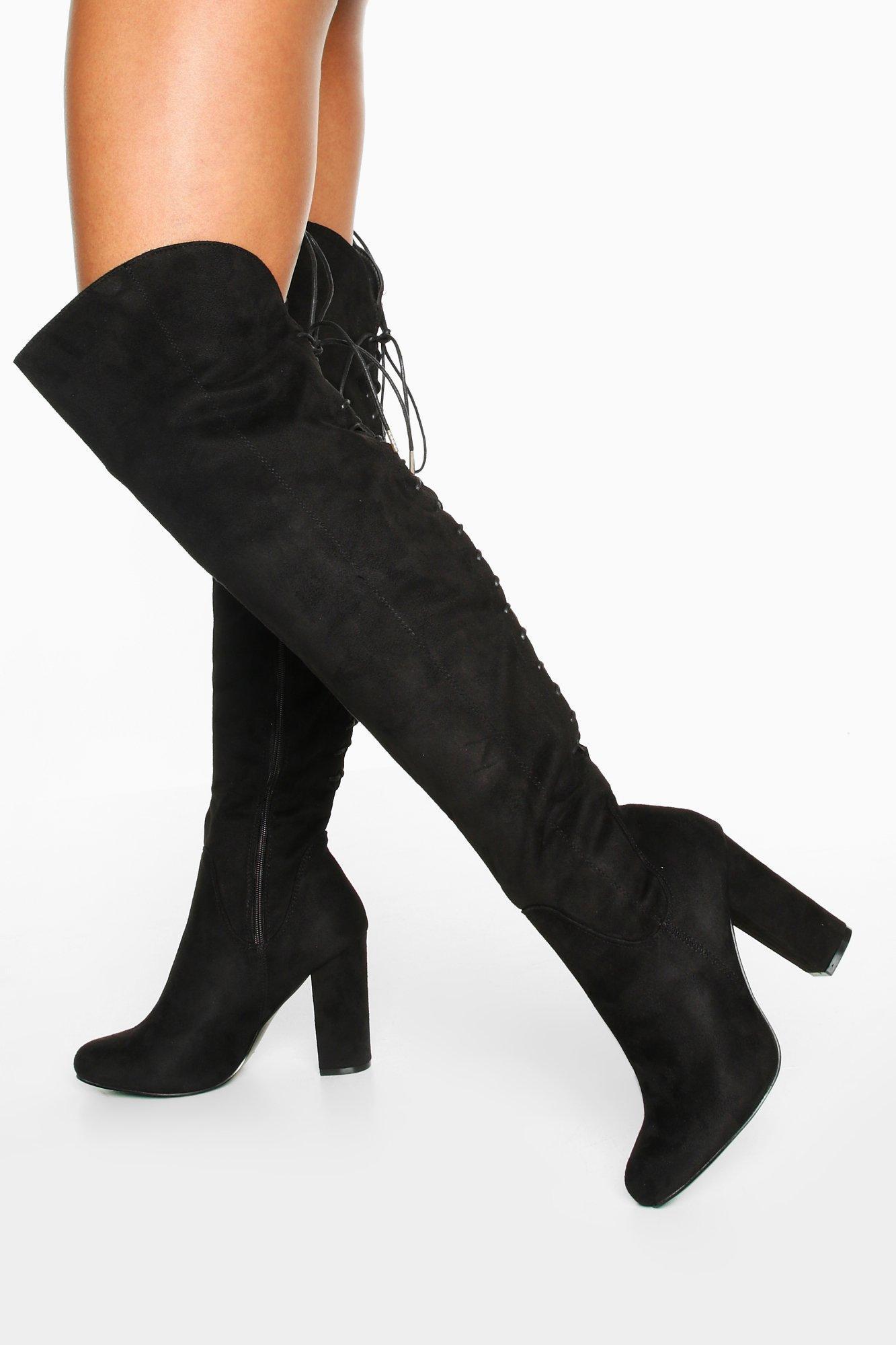 WOMENS LADIES OVER THE KNEE THIGH HIGH BLOCK HEEL LACE BACK STRETCH BOOTS SIZE 