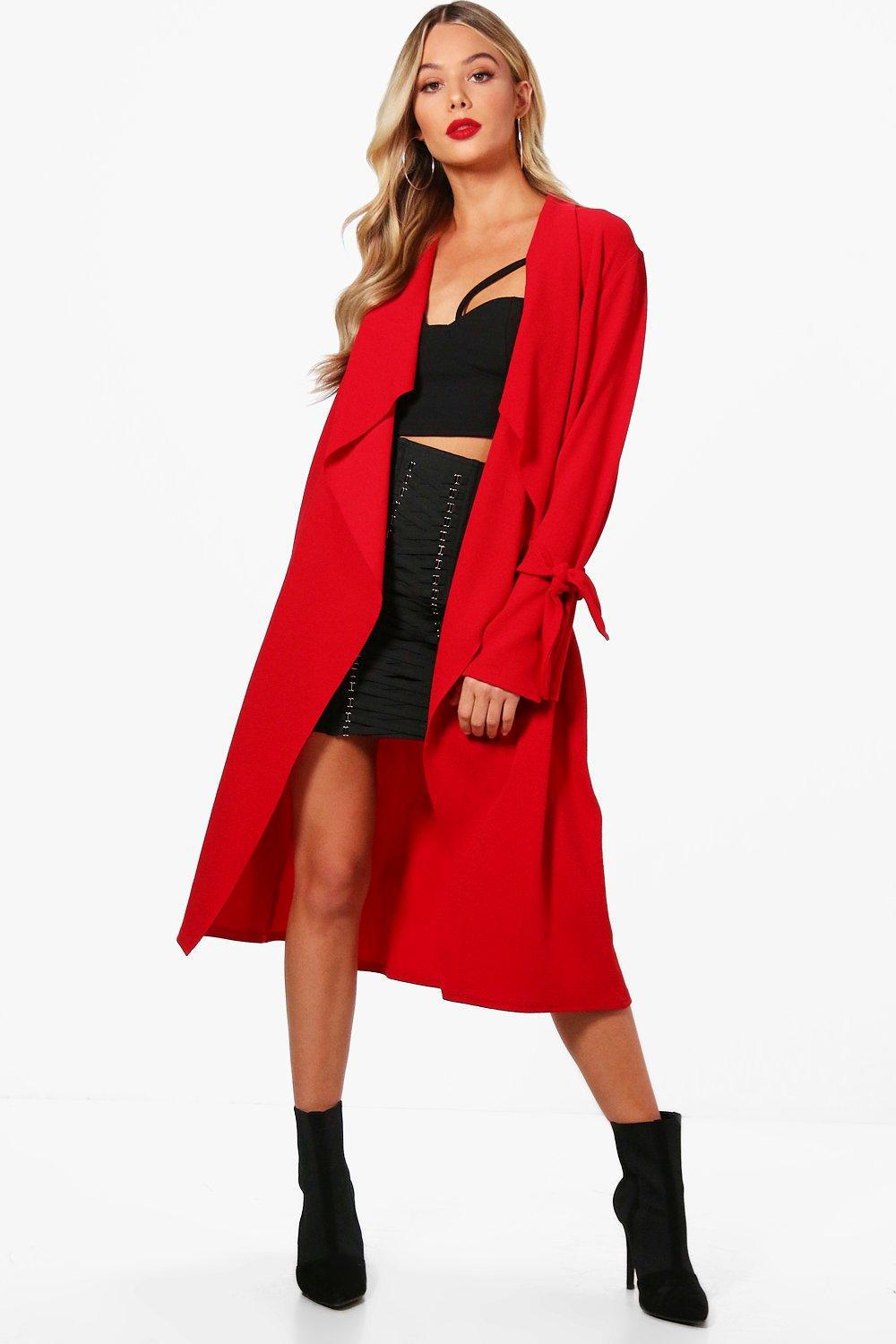 Boohoo Tie Sleeve Duster Jacket in Red Lyst