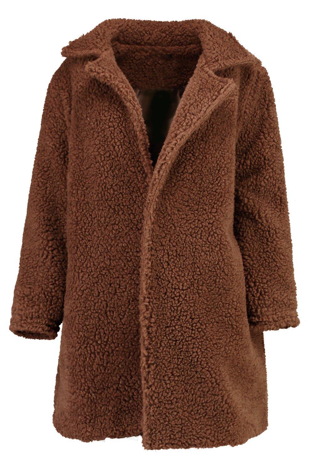 Boohoo Phoebe Teddy Fur Coat in Mushroom (Brown) - Lyst