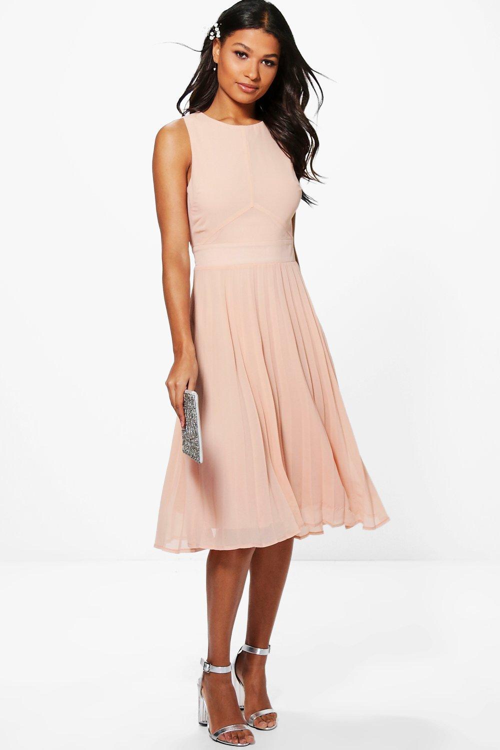 boohoo chiffon pleated skirt midi skater dress in pink lyst boohoo chiffon pleated skirt midi skater dress in pink lyst